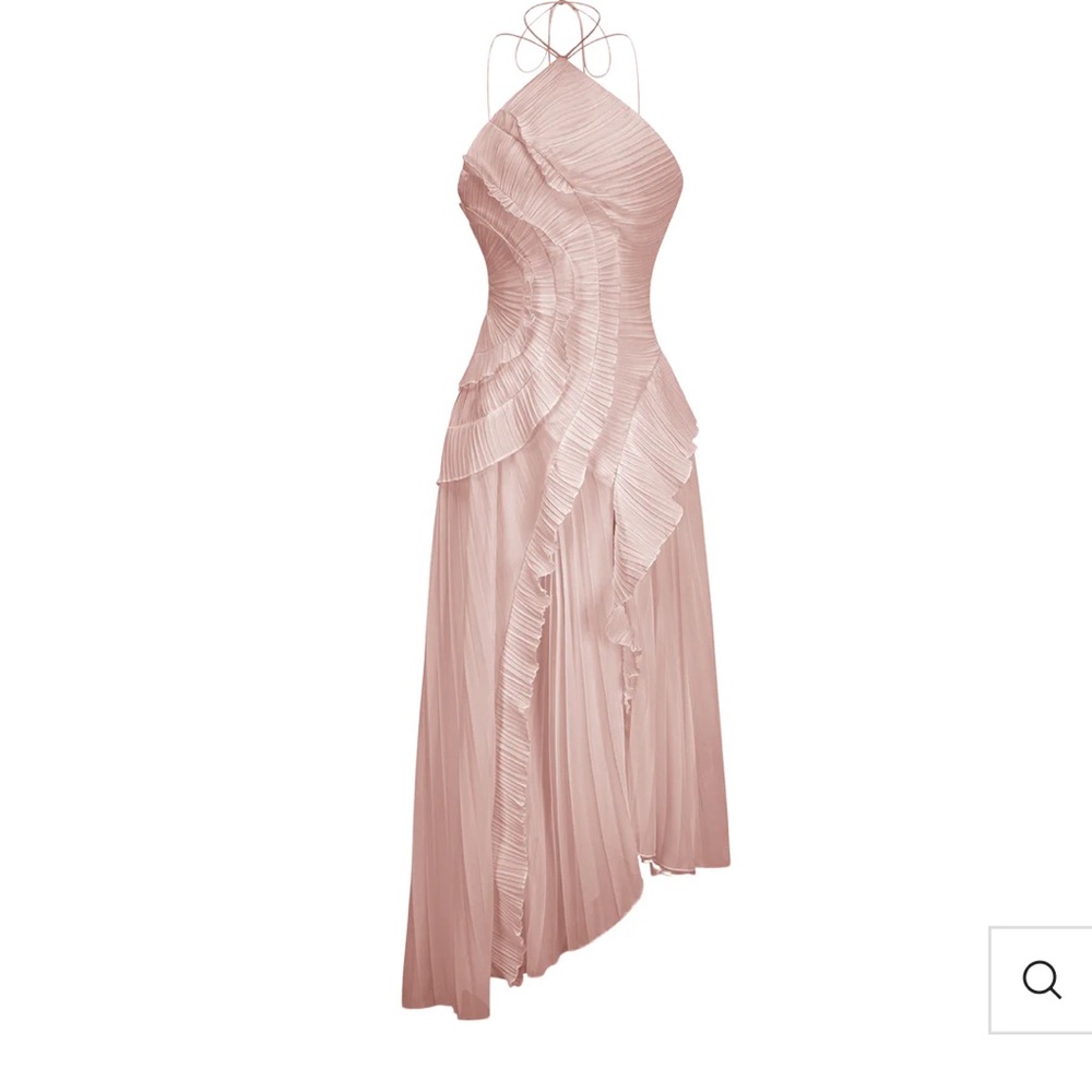 Doux Pink Ruffled Trim Pleated Midi Dress - Size M
